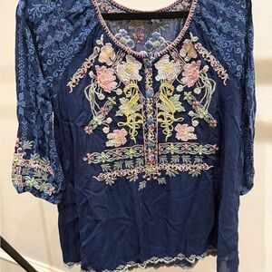 Johnny Was Blue Embellished Silk Blouse